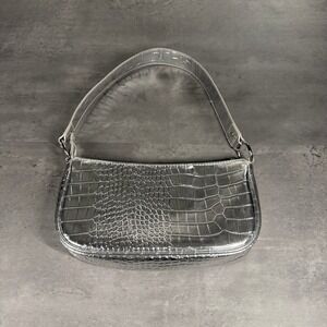 HM Silver Crocodile Embossed Shoulder Baguette Bag TikTok Y2K Style Faux Leather